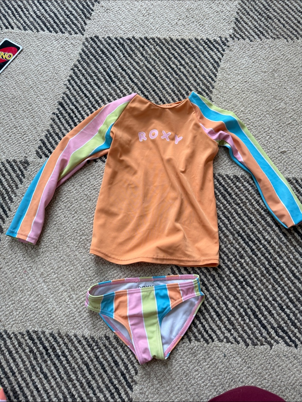 Roxy Girls Orange Rash Guard Set with Pastel Stripe Sleeves